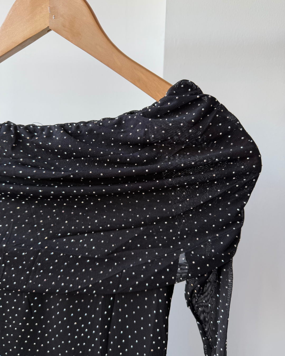 Yasmin Rhinestone Mesh Off-Shoulder Maxi Dress