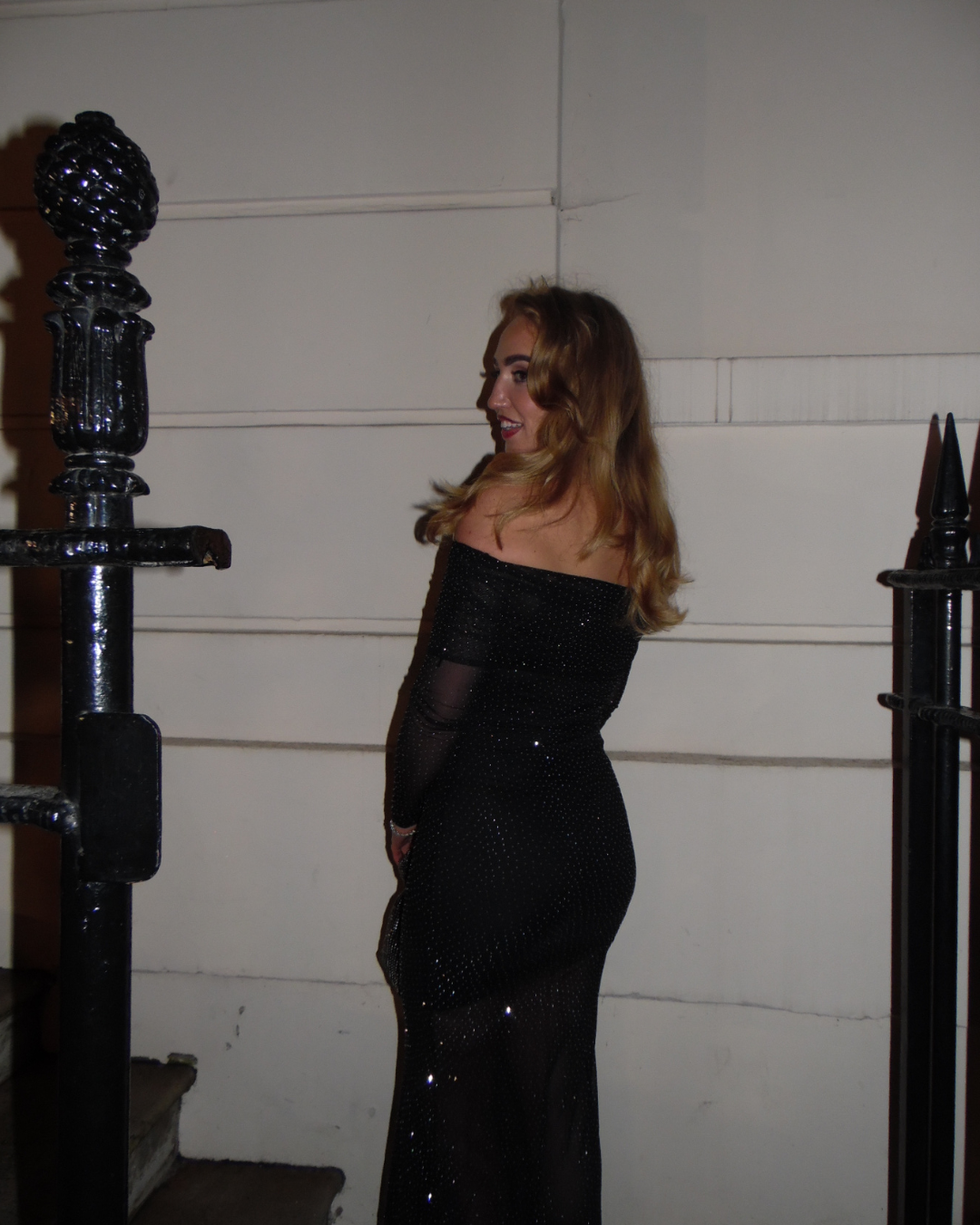 Yasmin Rhinestone Mesh Off-Shoulder Maxi Dress