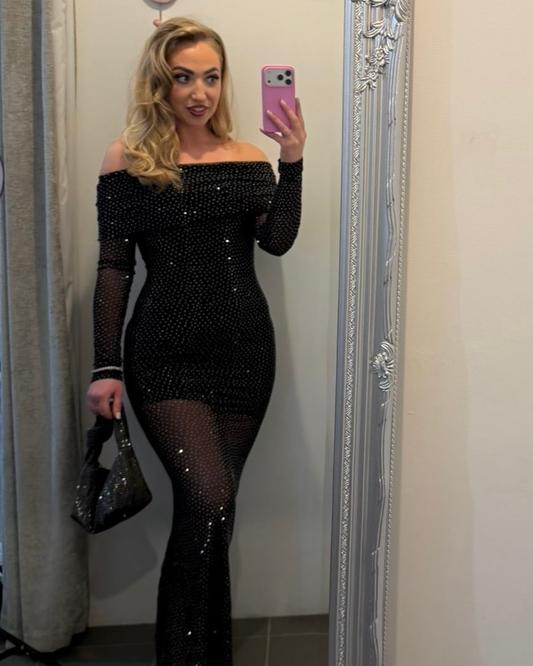 Yasmin Rhinestone Mesh Off-Shoulder Maxi Dress