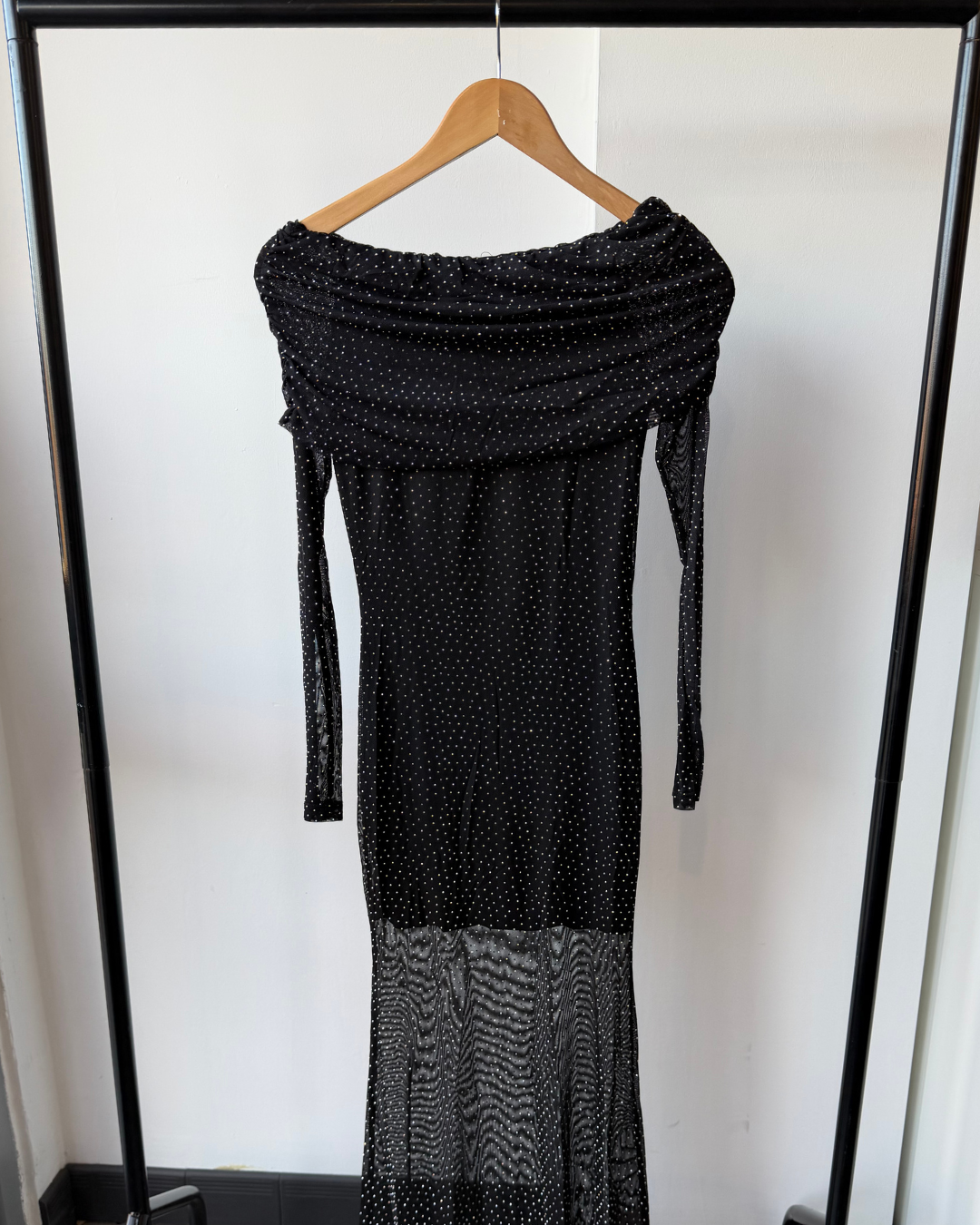 Yasmin Rhinestone Mesh Off-Shoulder Maxi Dress