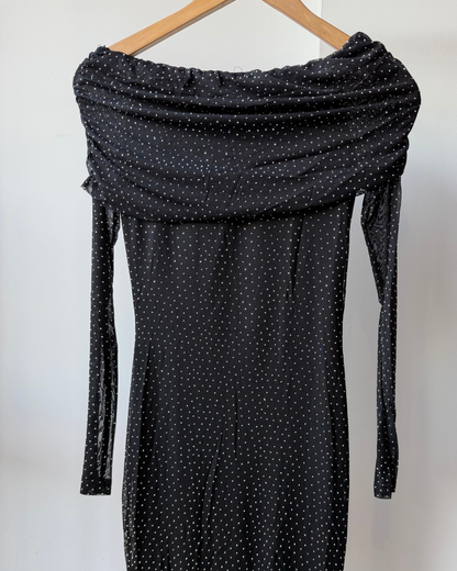 Yasmin Rhinestone Mesh Off-Shoulder Maxi Dress
