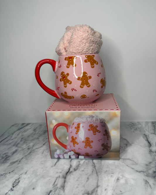 Pink Gingerbread Mug & Fluffy Socks Gift Set